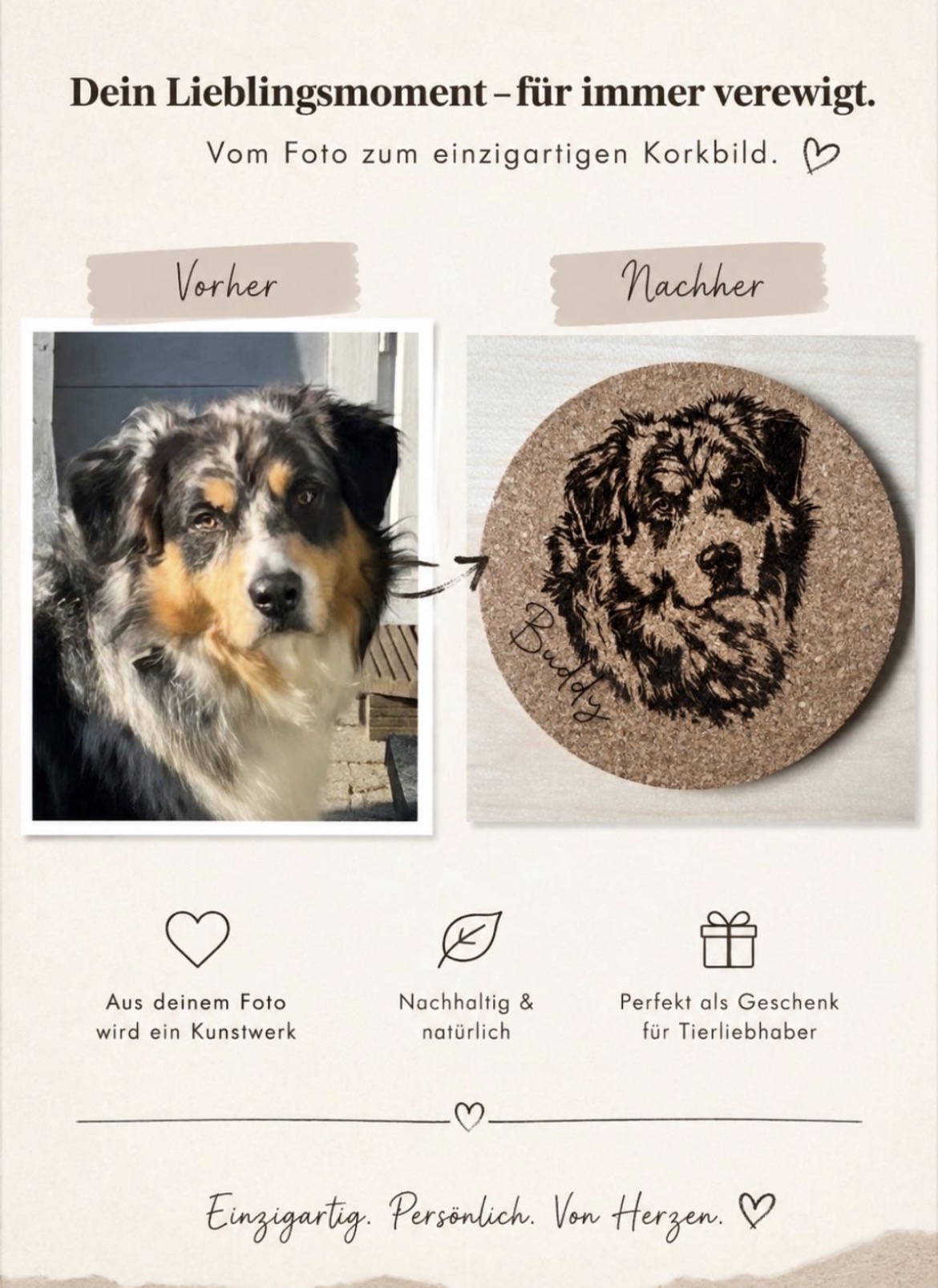 Beispiel einer individuellen Lasergravur vom Foto zum Korkbild