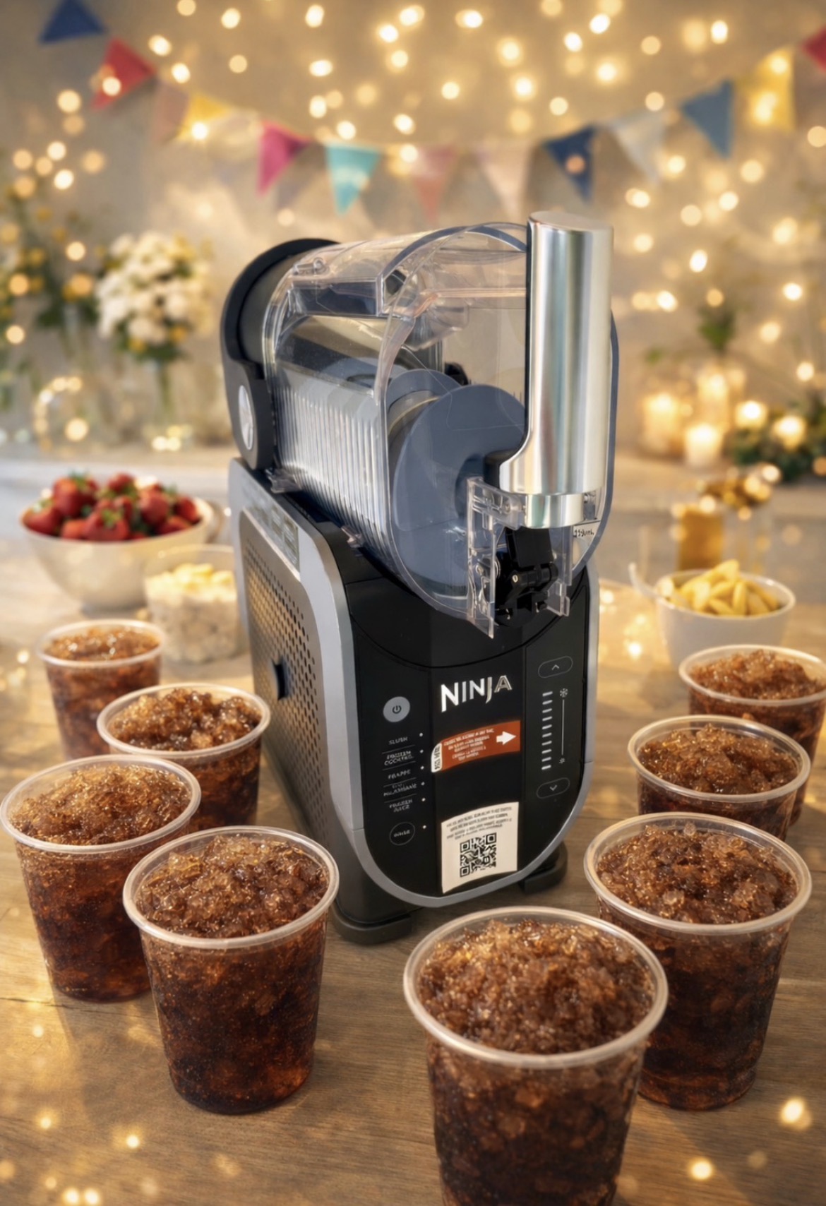 Kompakte Ninja Slush-Maschine mit gekühlten Getränken bei einer Feier